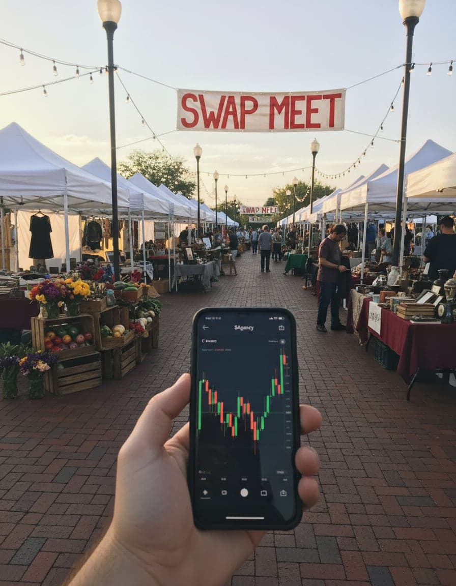 Phone screenshot of a crypto trading app showing the $Agency price chart, candlesticks going up in green, no other readable text.