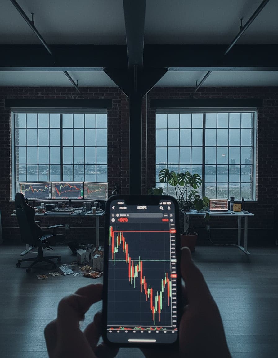 Phone screenshot of a crypto trading app showing the $DOPE price chart (-56%), candlesticks crashing in red, no other readable text.