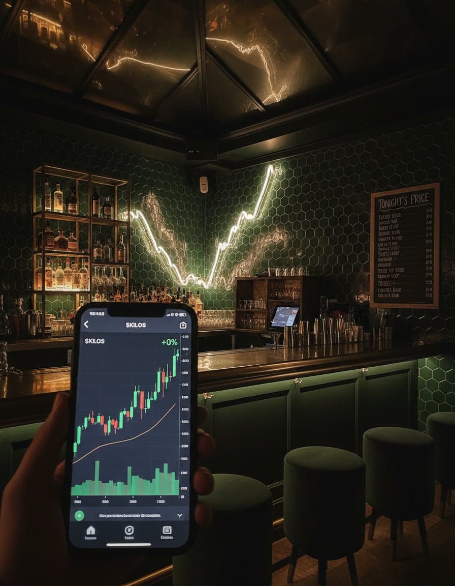 Phone screenshot of a crypto trading app showing the $KILOS price chart (+0%), candlesticks going up in green, no other readable text.