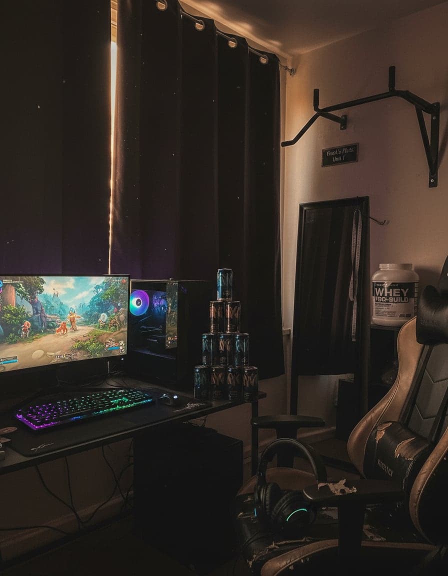 gaming setup with RGB keyboard and a game on screen, dark room