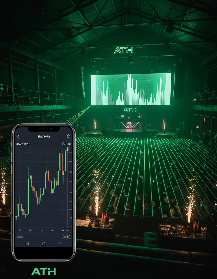 Phone screenshot of a crypto trading app showing the $FACTORY price chart, candlesticks going up in green, no other readable text.