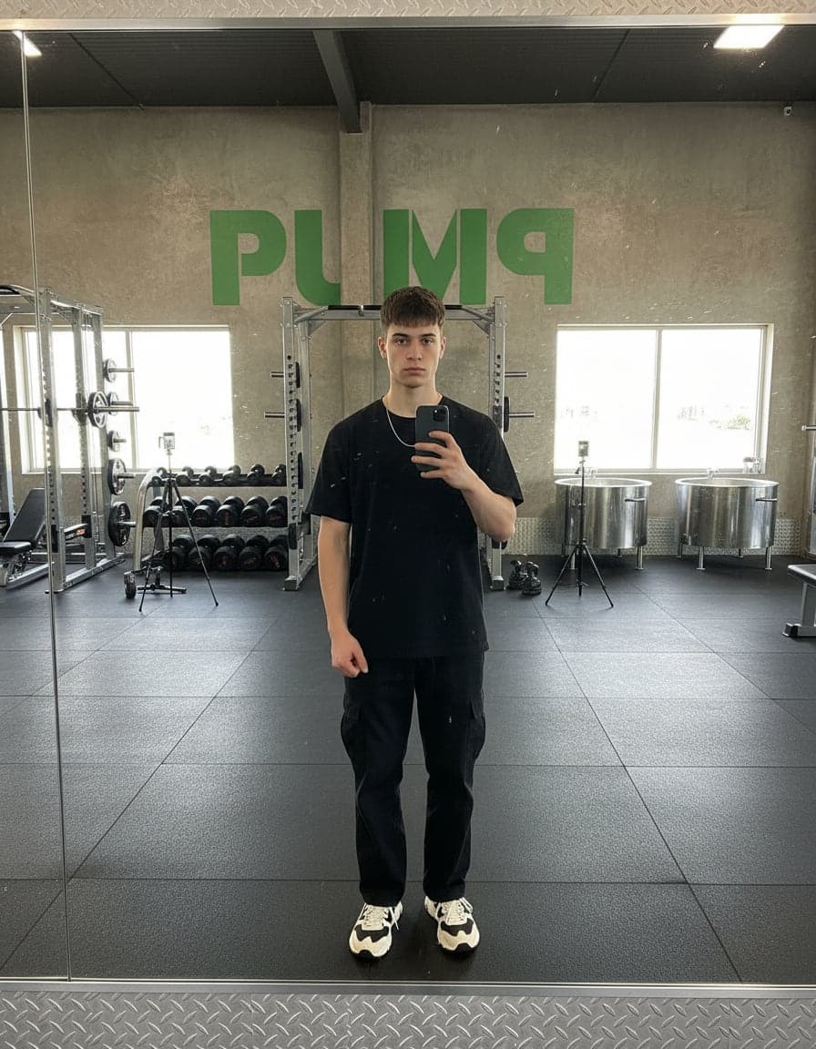 Mirror selfie of Jace Holloway at Pump Fitness.