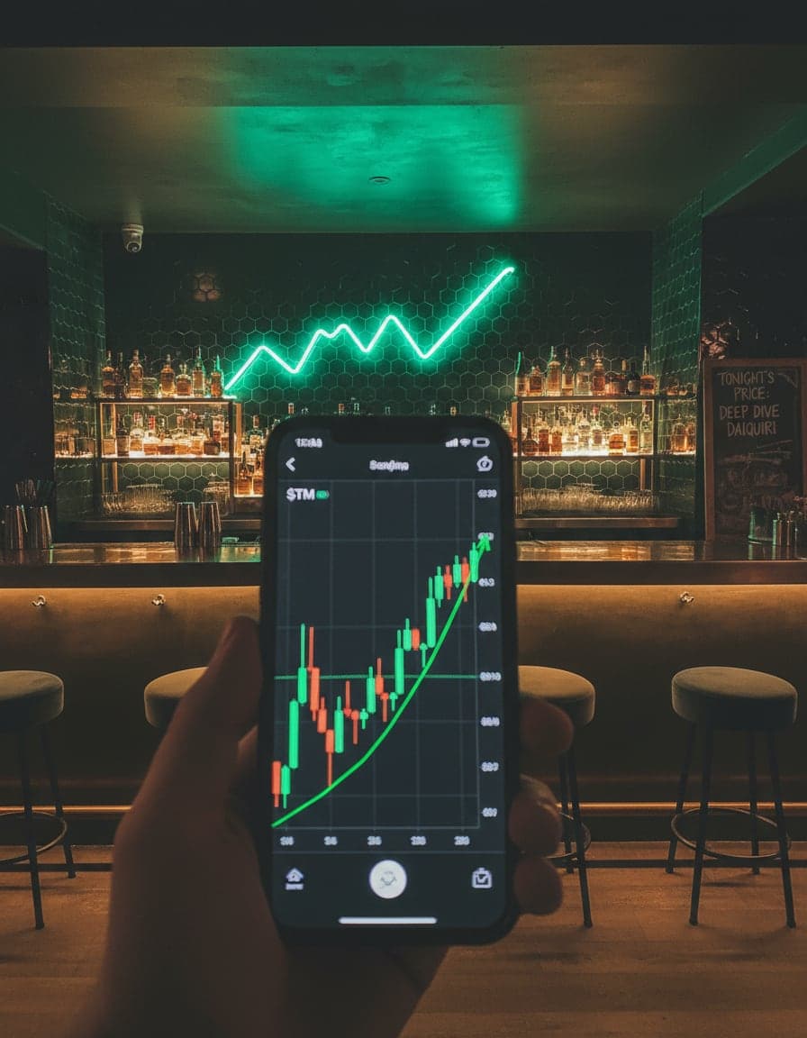 Phone screenshot of a crypto trading app showing the $TM price chart, candlesticks going up in green, no other readable text.
