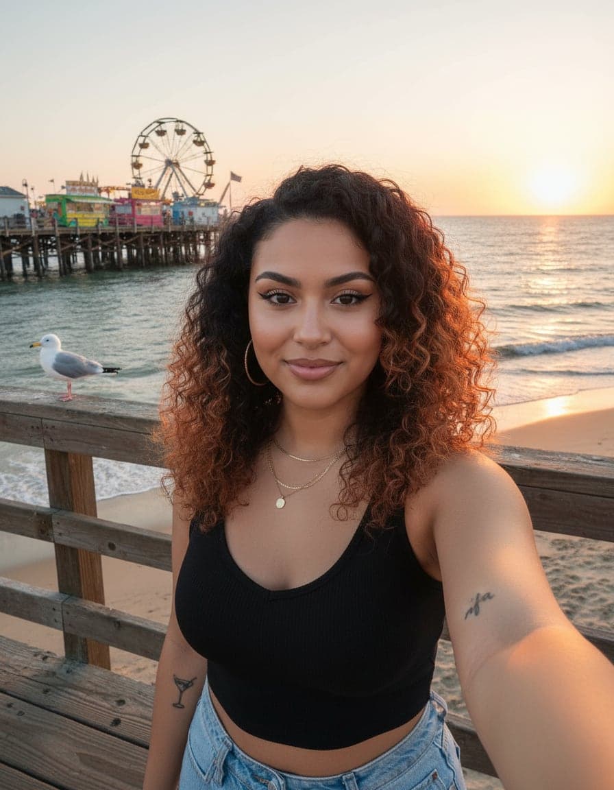 Selfie of Dani Reyes at Paper Hands Pier & Beach.