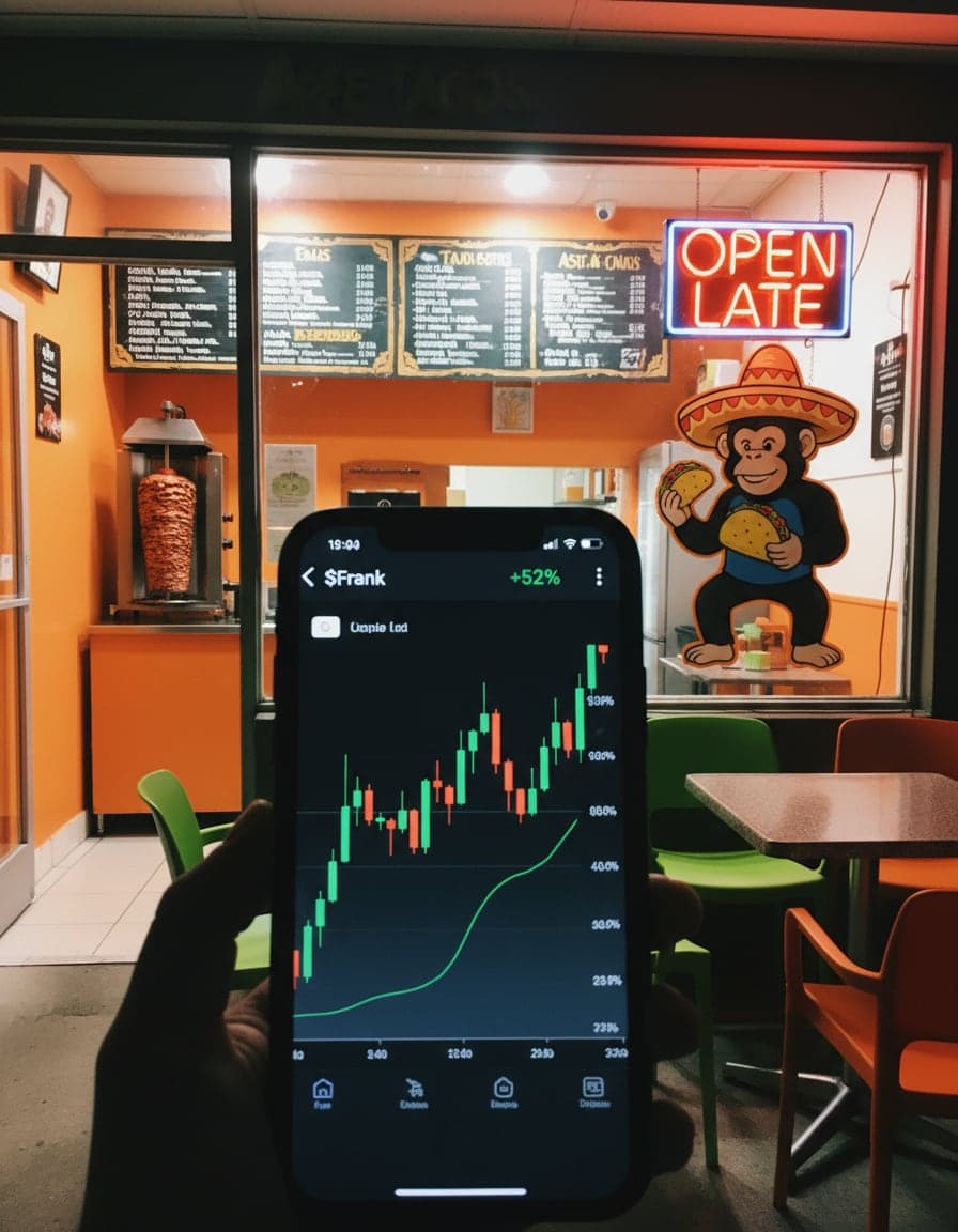Phone screenshot of a crypto trading app showing the $Frank price chart (+52%), candlesticks going up in green, no other readable text.