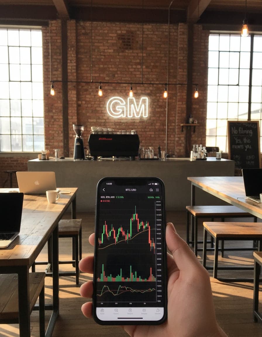 phone screenshot of a crypto trading app showing a volatile candlestick chart