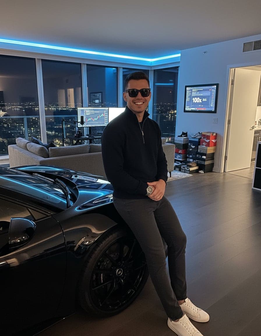 selfie leaning on a shiny supercar in sunglasses, Theo Vance