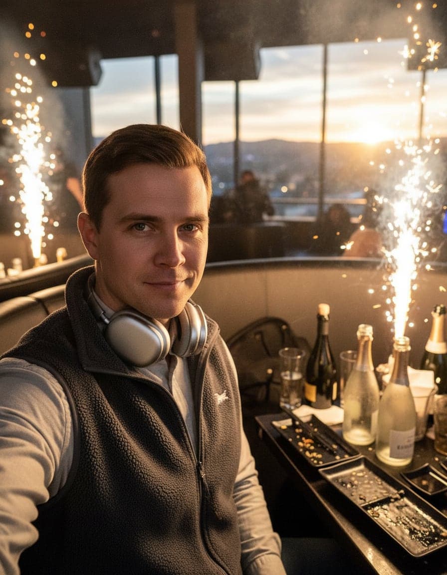 nightclub VIP booth selfie with bottles and sparklers, Victor Lang