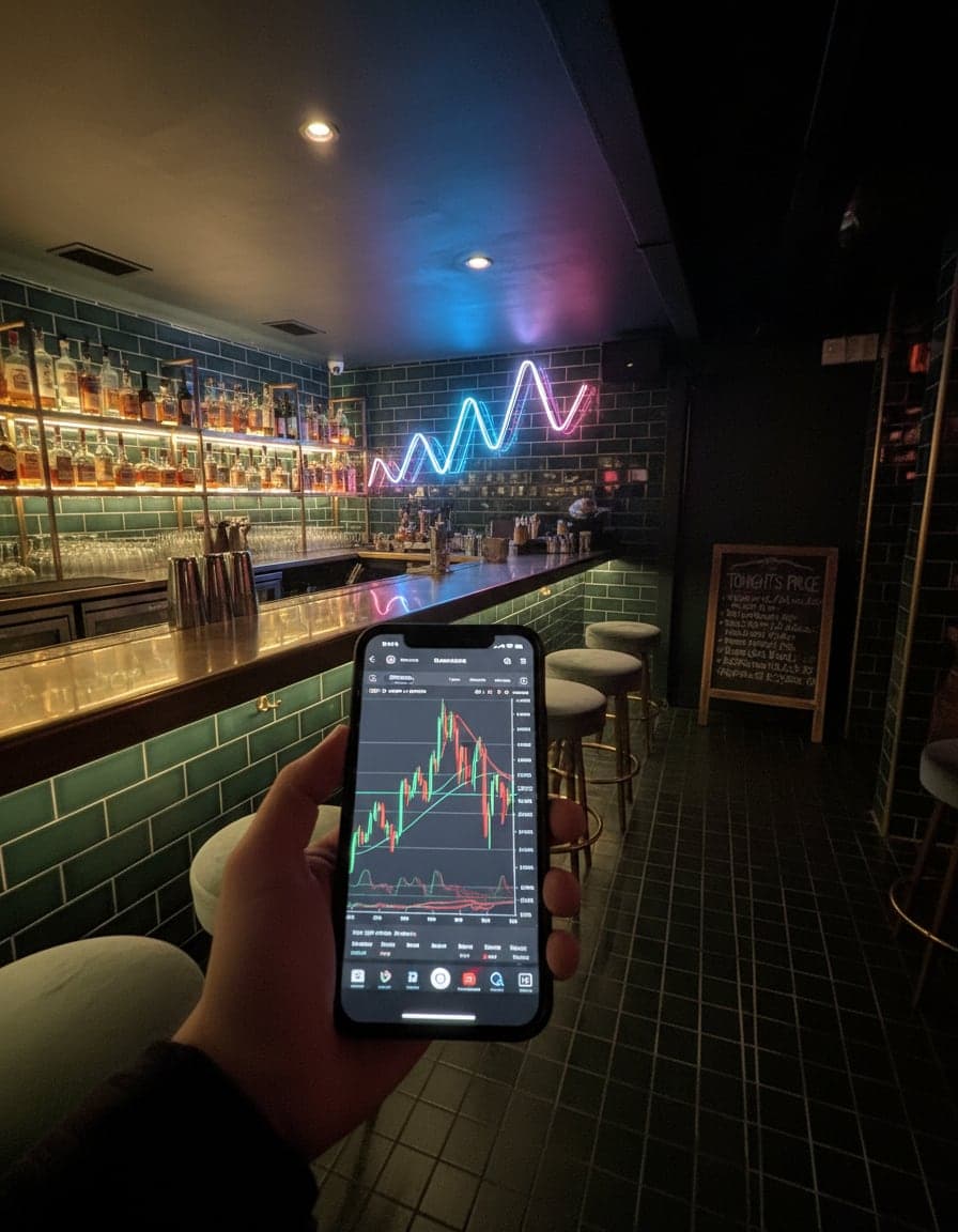 phone screenshot of a crypto trading app showing a volatile candlestick chart
