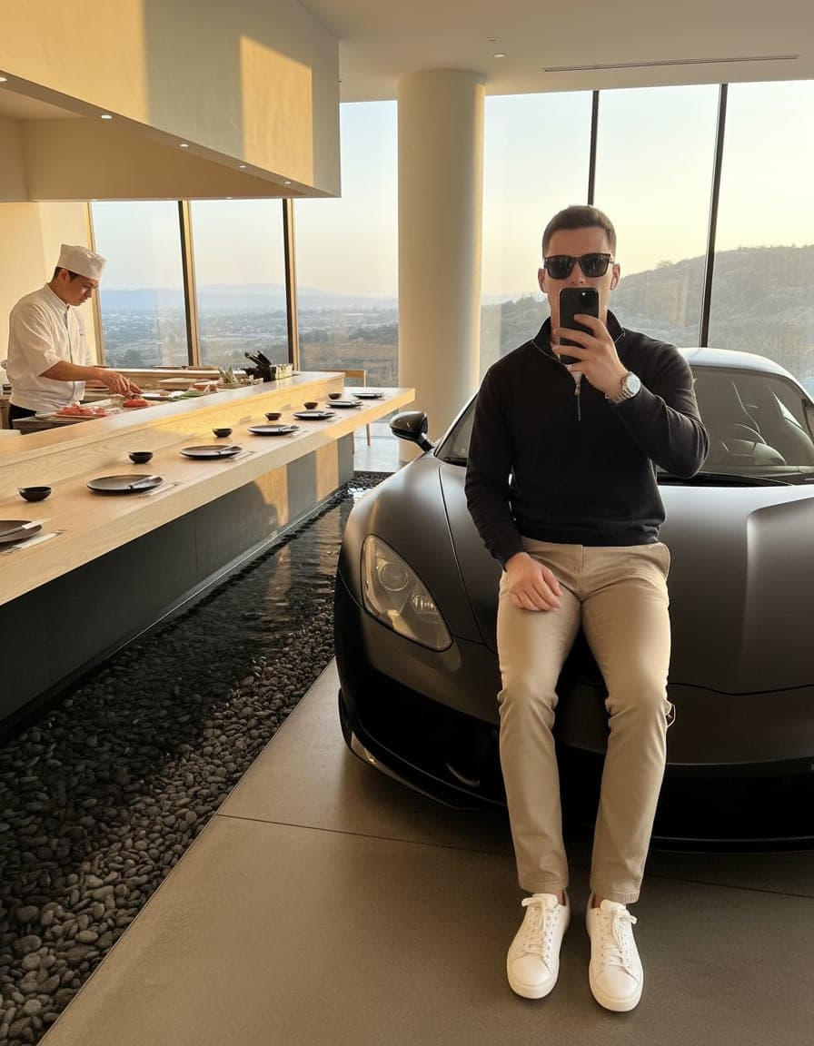 selfie leaning on a shiny supercar in sunglasses, Theo Vance