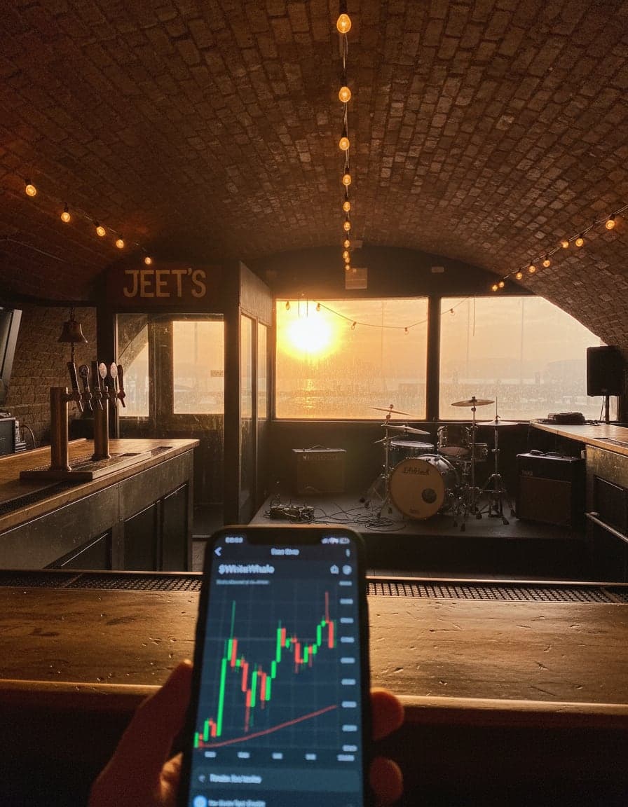 Phone screenshot of a crypto trading app showing the $WhiteWhale price chart, candlesticks going up in green, no other readable text.