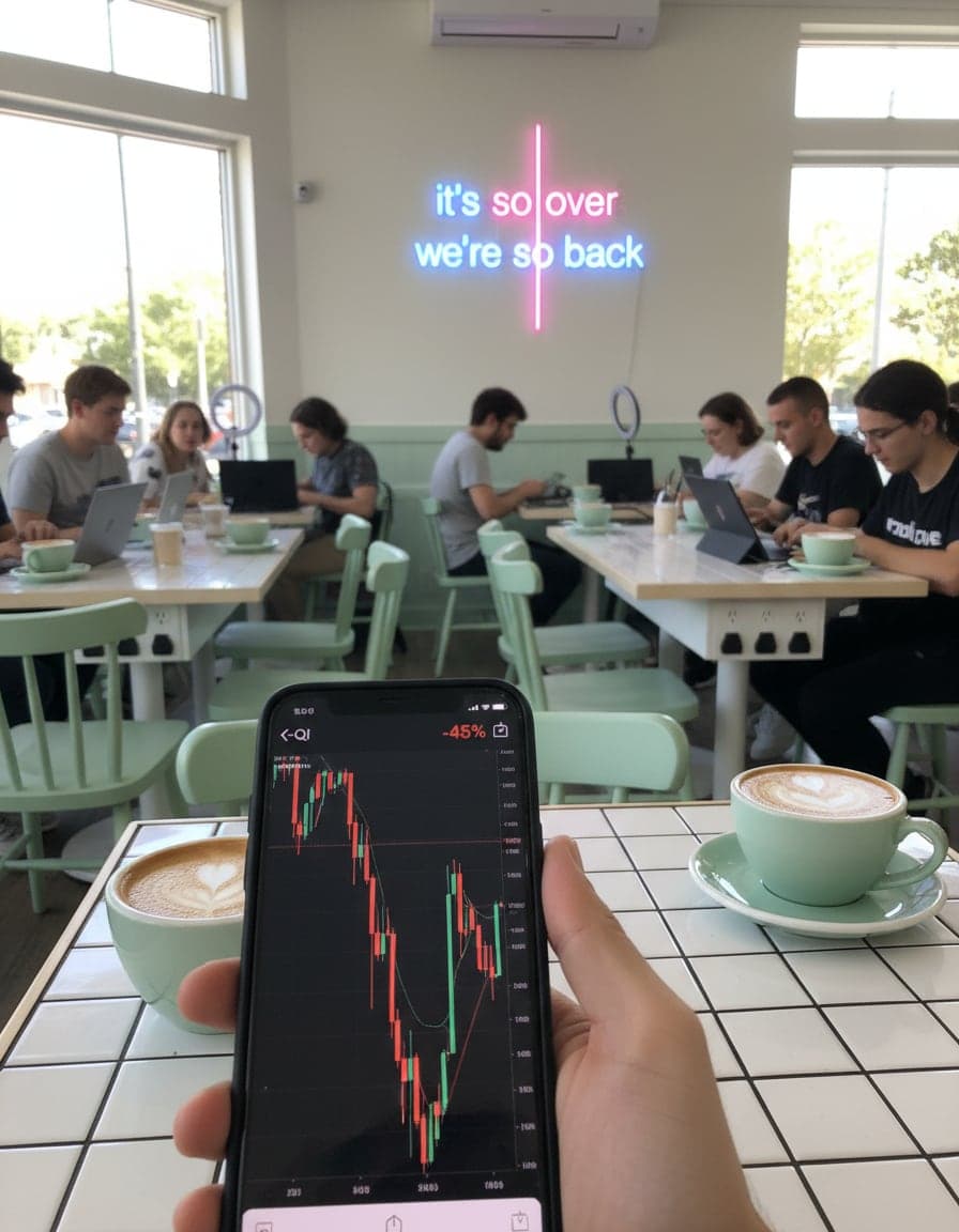 Phone screenshot of a crypto trading app showing the $QI price chart (-45%), candlesticks crashing in red, no other readable text.