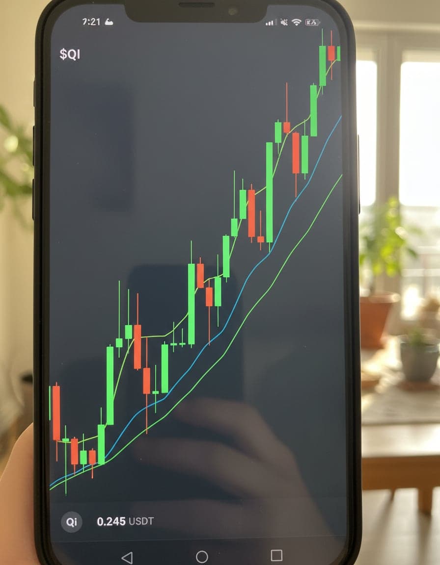 Phone screenshot of a crypto trading app showing the $QI price chart, candlesticks going up in green, no other readable text.