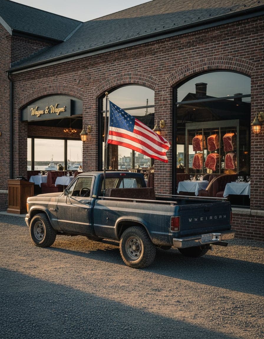 big pickup truck with an American flag in a driveway